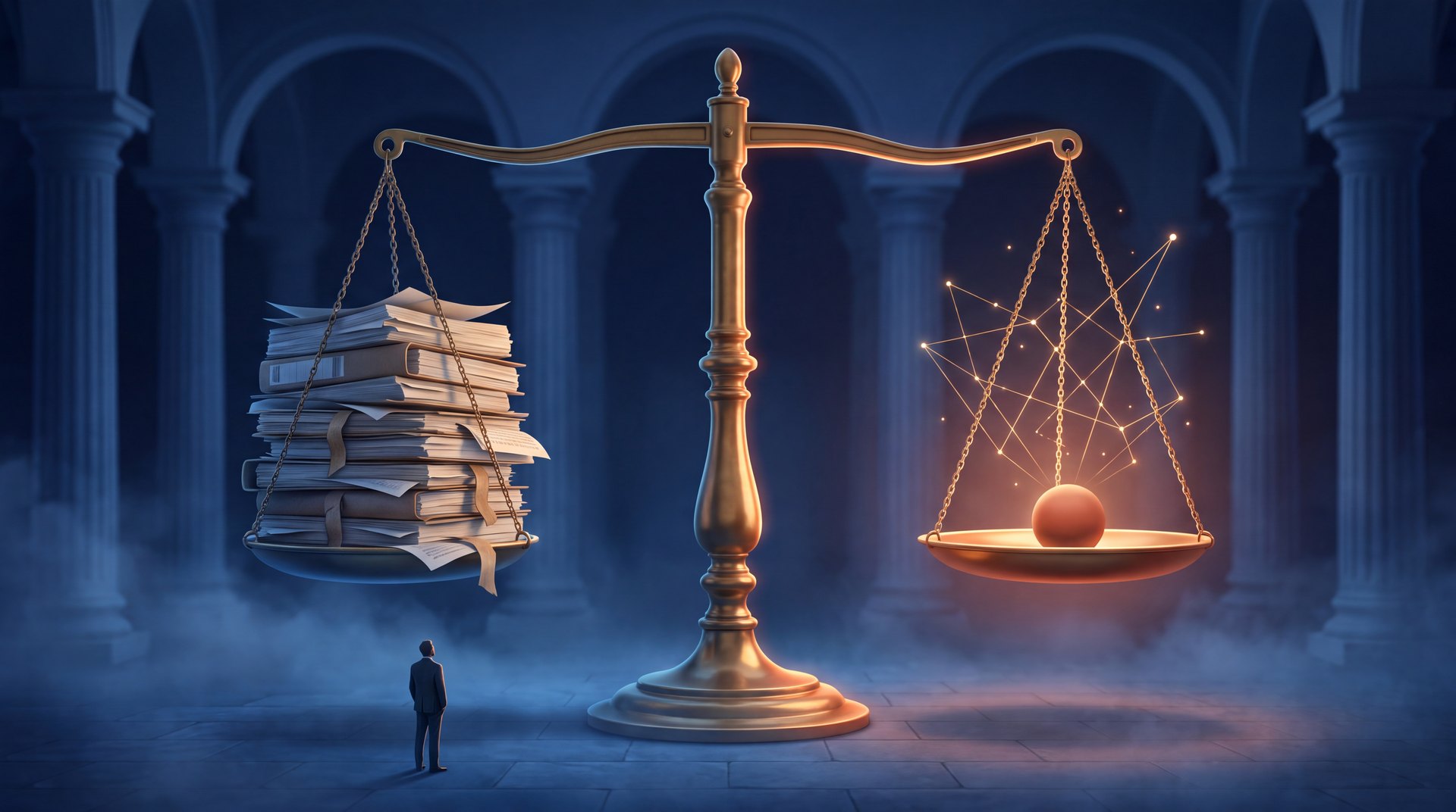 Ilustração: uma balança da justiça no fiel, com uma montanha de processos em papel de um lado e, do outro, uma pequena esfera luminosa ligada a uma constelação de pontos