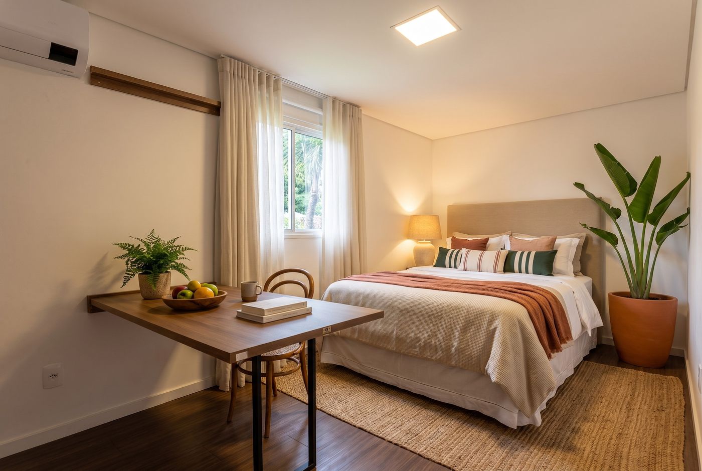 Proposta de decoração para a suíte: a cama fora do canto, com cabeceira estofada, tapete de fibra por baixo, cortina clara do teto ao piso e a mesa fixa com uma cadeira. Imagem conceitual gerada por IA.