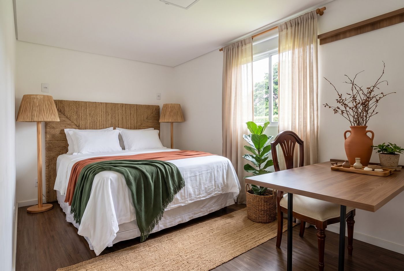 Proposta de decoração para a suíte, no quarto B: a cama como ponto focal, com cabeceira de fibra, uma luminária de piso de cada lado e a parede vazia acima. Imagem conceitual gerada por IA.