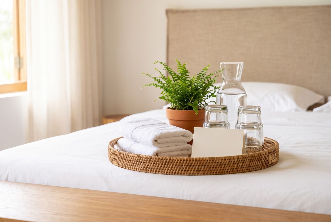 A bandeja de chegada sobre a cama: duas toalhas brancas, água, copos, um vaso pequeno e um cartão. Imagem conceitual gerada por IA.