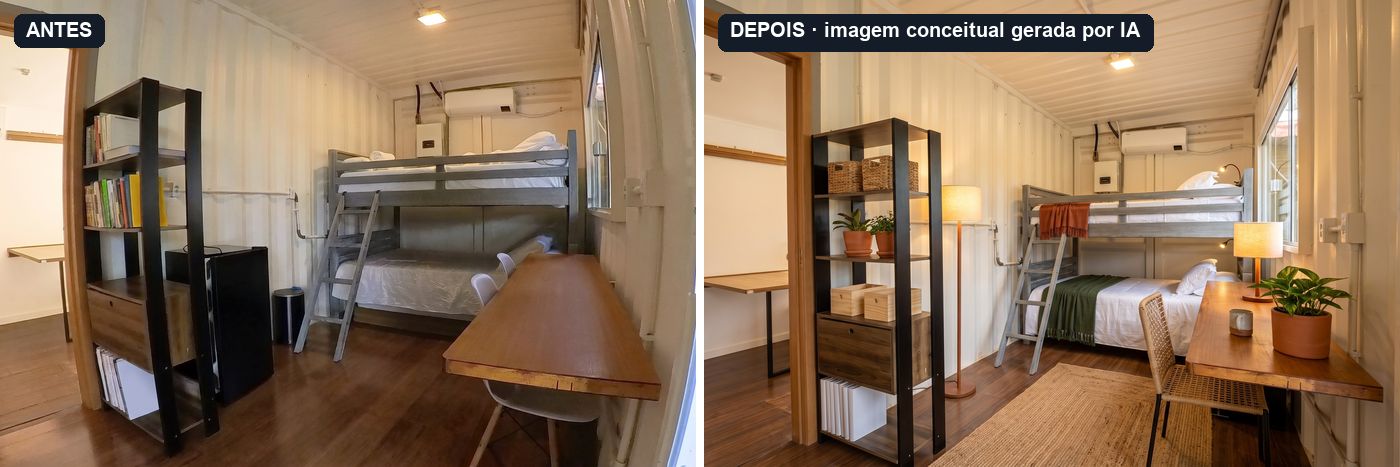 À esquerda, a foto de antes, o ambiente como estava. A sala-quarto com o beliche, como estava: a estante, o frigobar, a mesa na parede e uma luz só, no teto. À direita, o depois. A sala-quarto com o beliche: roupa de cama branca, uma manta de cor em cada cama, uma luz para cada lugar de dormir e a chapa clara sem nada preso. Imagem conceitual gerada por IA.