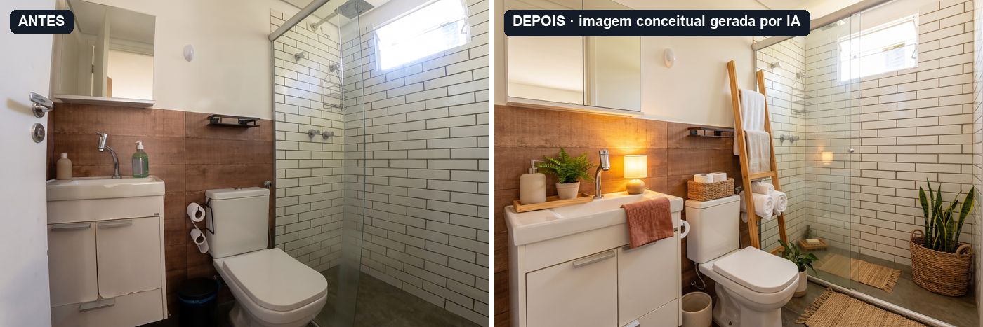 À esquerda, a foto de antes, o ambiente como estava. O banheiro, como estava: pia, vaso e box em sequência, uma prateleira acima do vaso e nenhum lugar para pendurar toalha. À direita, o depois. O banheiro com um toalheiro de chão, em forma de escada de madeira, apoiado junto ao box: o primeiro dos dois caminhos para as toalhas. Imagem conceitual gerada por IA.