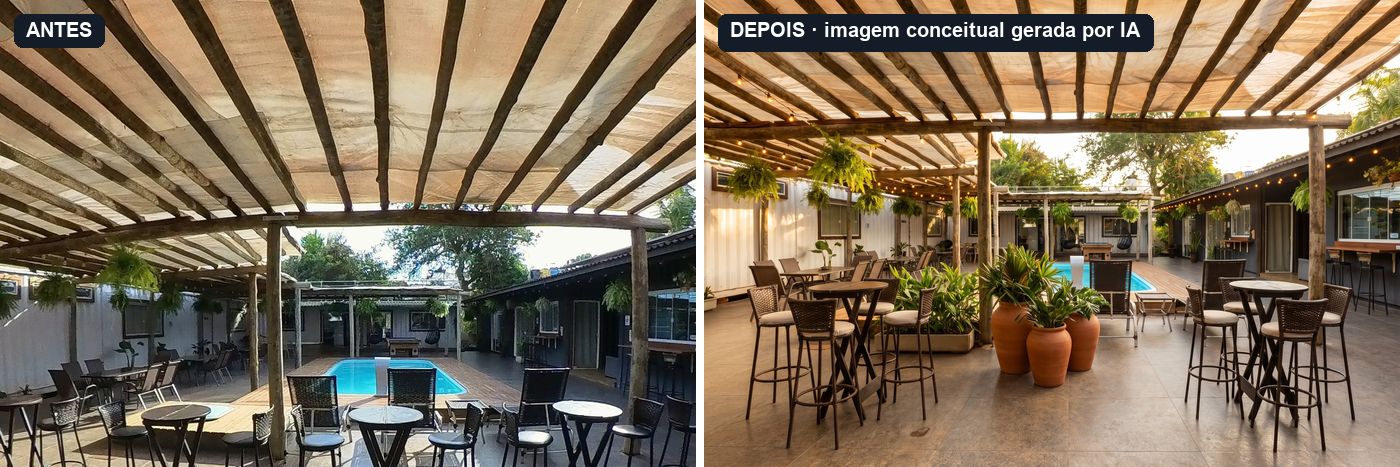 À esquerda, a foto de antes, o ambiente como estava. As mesas altas com banquetas, como estavam: em fila, sob o pergolado, de frente para a piscina. À direita, o depois. As mesas altas com banquetas, sob o pergolado, e um grupo de três vasos de barro marcando o centro. Imagem conceitual gerada por IA.