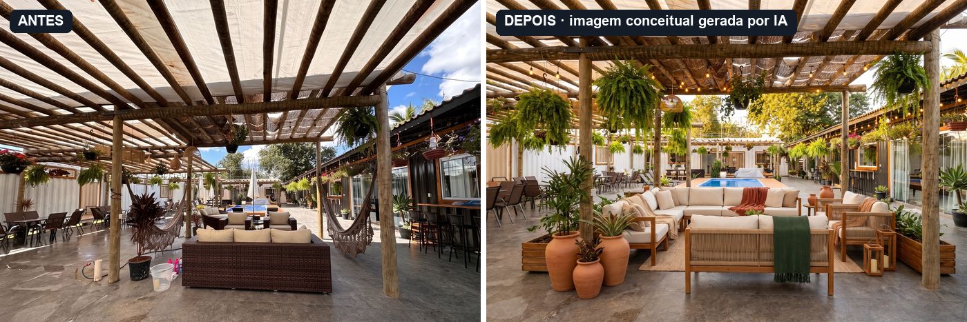 À esquerda, a foto de antes, o ambiente como estava. O estar sob o pergolado, num dia de limpeza: os sofás no lugar, a rede presa aos pilares e o material de serviço ainda no piso. À direita, o depois. O estar sob o pergolado: sofás de madeira e corda, um tapete de fibra que delimita o grupo e três vasos de barro juntos, ao pé do pilar. Imagem conceitual gerada por IA.
